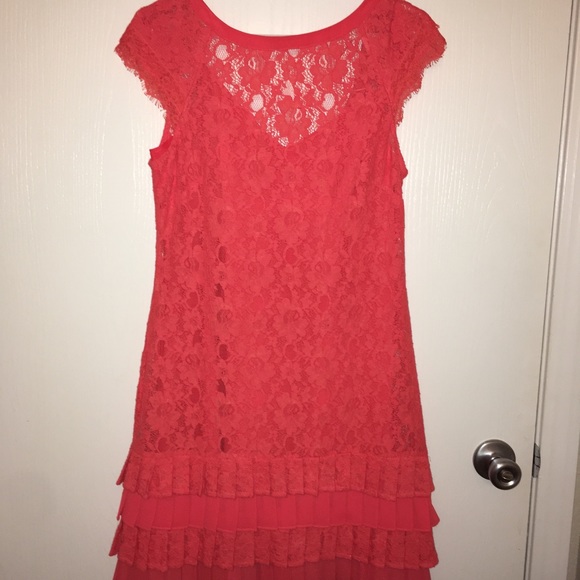 Bateau-Neck Lace Shift Dress, Coral - Picture 2 of 4